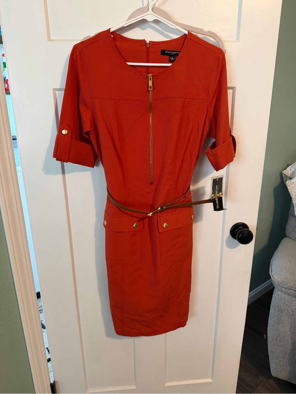 Sharagano Rust Orange Zip-Front Midi Dress with Belt